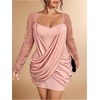 image:imageGORGLITTER Womens Plus Size Lace Dress Fall Casual Wrap Ruched Long Sleeve Bodycon Cocktail Birthday Party Mini DressDusty Pink