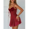 image:imageGORGLITTER Womens Polka Dots Mini Dress Y2k Lace Mesh Bow Tie Front V Neck A Line Dresses Coquette ClothesBurgundy