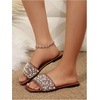 image:imageGORGLITTER Womens Sparkly Rhinestone Flat Sandals Summer Vacation Glitter Square Toe Wedding Dress Shoes Slide SandalsBrown