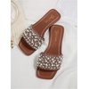 image:imageGORGLITTER Womens Sparkly Rhinestone Flat Sandals Summer Vacation Glitter Square Toe Wedding Dress Shoes Slide SandalsBrown