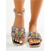 image:imageGORGLITTER Womens Sparkly Summer Sandals 2026 Rhinestone Bling colorful Square Toe Wedding Flats Slides ShoesBlack Rainbow