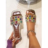 image:imageGORGLITTER Womens Sparkly Summer Sandals 2026 Rhinestone Bling colorful Square Toe Wedding Flats Slides ShoesBrown Rainbow