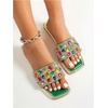 image:imageGORGLITTER Womens Sparkly Summer Sandals 2026 Rhinestone Bling colorful Square Toe Wedding Flats Slides ShoesGreen Colorful