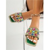 image:imageGORGLITTER Womens Sparkly Summer Sandals 2026 Rhinestone Bling colorful Square Toe Wedding Flats Slides ShoesGreen Colorful