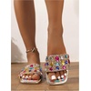 image:imageGORGLITTER Womens Sparkly Summer Sandals 2026 Rhinestone Bling colorful Square Toe Wedding Flats Slides ShoesMulticolor