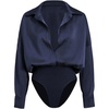 image:imageGORGLITTER Womens Deep V Neck Long Sleeve Shirts Bodysuit Satin Button Down Party Night Sexy Leotard TopsBlue