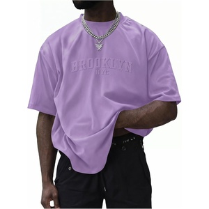 image:imageGORGLITTER Mens Oversized T Shirt Letter Graphic Short Sleeve Drop Shoulder Crewneck Tee TopsSolid Purple