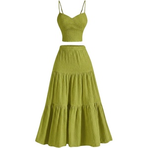 image:imageGORGLITTER Womens 2 Piece Maxi Skirt Sets Cami Crop Top Ruffle Hem Flowy Midi Skirt Vacation Going Out Outfits 2026Green