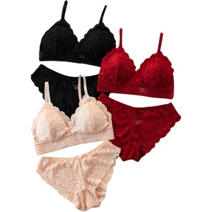 image:imageGORGLITTER Womens 3 Pack Lace Matching Bra and Panty Sets Bow Cute Bralette Underwear Lingerie SetRed 3pack