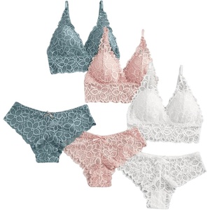 image:imageGORGLITTER Womens 3 Pack Lace Matching Bra and Panty Sets Bow Cute Bralette Underwear Lingerie SetWhite Pink Green