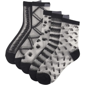 image:imageGORGLITTER Womens 4 Pairs Sheer Mesh Flower Patterned Thin Casual Crew Socks Transparent Cute Summer SocksBlack