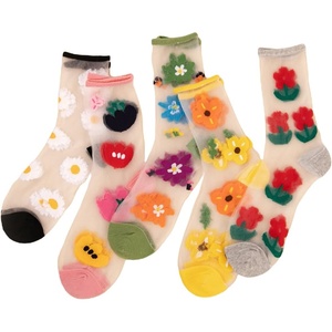 image:imageGORGLITTER Womens 4 Pairs Sheer Mesh Flower Patterned Thin Casual Crew Socks Transparent Cute Summer SocksBlack Multi