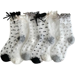 image:imageGORGLITTER Womens 4 Pairs Sheer Mesh Flower Patterned Thin Casual Crew Socks Transparent Cute Summer SocksBlack and White Bow