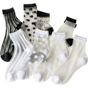 image:imageGORGLITTER Womens 4 Pairs Sheer Mesh Flower Patterned Thin Casual Crew Socks Transparent Cute Summer SocksBlack and White Graphic