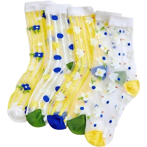 image:imageGORGLITTER Womens 4 Pairs Sheer Mesh Flower Patterned Thin Casual Crew Socks Transparent Cute Summer SocksBlue Multi