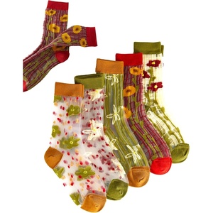 image:imageGORGLITTER Womens 4 Pairs Sheer Mesh Flower Patterned Thin Casual Crew Socks Transparent Cute Summer SocksMulti Floral