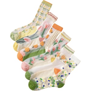 image:imageGORGLITTER Womens 4 Pairs Sheer Mesh Flower Patterned Thin Casual Crew Socks Transparent Cute Summer SocksMulti Orange