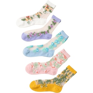 image:imageGORGLITTER Womens 4 Pairs Sheer Mesh Flower Patterned Thin Casual Crew Socks Transparent Cute Summer SocksMulti Retro Floral