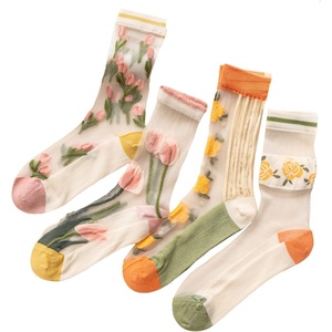 image:imageGORGLITTER Womens 4 Pairs Sheer Mesh Flower Patterned Thin Casual Crew Socks Transparent Cute Summer SocksMulticolor Floral
