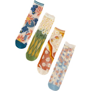 image:imageGORGLITTER Womens 4 Pairs Sheer Mesh Flower Patterned Thin Casual Crew Socks Transparent Cute Summer SocksMulticolor Florals