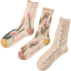 image:imageGORGLITTER Womens 4 Pairs Sheer Mesh Flower Patterned Thin Casual Crew Socks Transparent Cute Summer SocksMulticolor Tulip