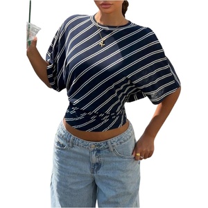 image:imageGORGLITTER Womens Cinched Waist Tops Dolman Sleeve Ruched Shirt Short Sleeve Crewneck Going Out Waist Length TopsBlue Striped