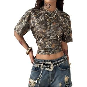 image:imageGORGLITTER Womens Cinched Waist Tops Dolman Sleeve Ruched Shirt Short Sleeve Crewneck Going Out Waist Length TopsBrown Camo