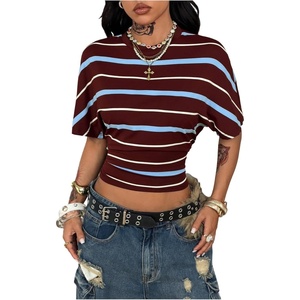 image:imageGORGLITTER Womens Cinched Waist Tops Dolman Sleeve Ruched Shirt Short Sleeve Crewneck Going Out Waist Length TopsMulticolor Striped