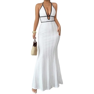 image:imageGORGLITTER Womens Deep V Halter Knit Boho Maxi Dress Backless Crochet Birthday Fall Wedding Guest Long DressesWhite Textured