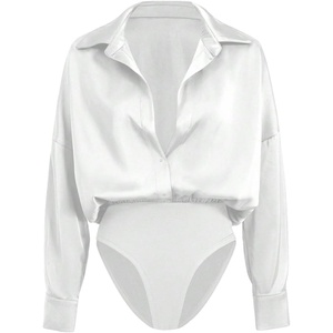 image:imageGORGLITTER Womens Deep V Neck Long Sleeve Shirts Bodysuit Satin Button Down Party Night Sexy Leotard TopsWhite