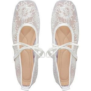 image:imageGORGLITTER Womens Floral Ballet Flats Embroidered Mesh Ballerina Shoes Bow Closed Toe Dress ShoesWhite