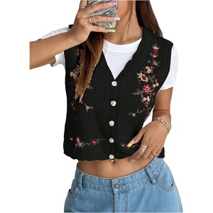 image:imageGORGLITTER Womens Flower Embroideried Boho Sweater Vest Sleeveless Knit Vintage Fashion CardiganMulticolor Black