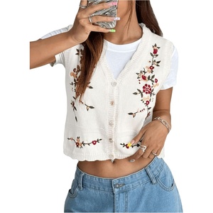 image:imageGORGLITTER Womens Flower Embroideried Boho Sweater Vest Sleeveless Knit Vintage Fashion CardiganMulticolor White