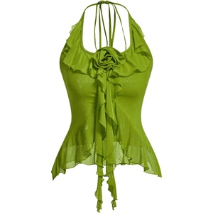 image:imageGORGLITTER Womens Fringe Flower Halter Tops Ruffle Mesh Asymmetrical Bow Sleeveless Open Back Going Out Concert TopsGreen