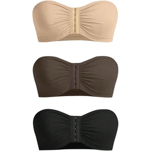 image:imageGORGLITTER Womens Front Closure Bandeau Bras Wireless Ruched Push Up Strapless Bras 3 Pack Comfort BralettesApricot Black Brown