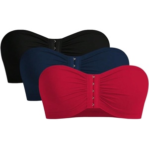 image:imageGORGLITTER Womens Front Closure Bandeau Bras Wireless Ruched Push Up Strapless Bras 3 Pack Comfort BralettesBlack Blue Red