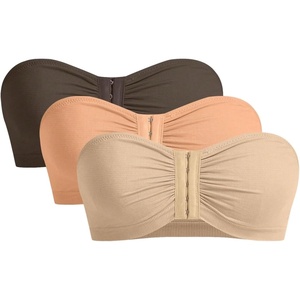 image:imageGORGLITTER Womens Front Closure Bandeau Bras Wireless Ruched Push Up Strapless Bras 3 Pack Comfort BralettesBrown Nude Orange