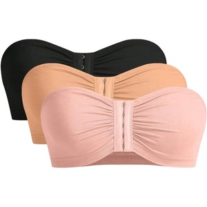 image:imageGORGLITTER Womens Front Closure Bandeau Bras Wireless Ruched Push Up Strapless Bras 3 Pack Comfort BralettesSolid Black Apricot Pink