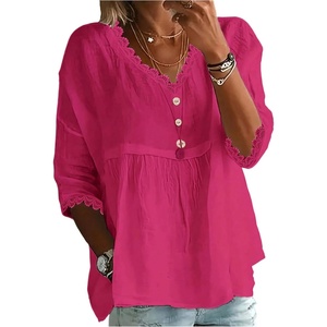 image:imageGORGLITTER Womens Lace 34 Sleeve Flowy Tunic Tops Dressy Loose Fit V Neck Eyelet Babydoll Peplum Top Peasant BlouseHot Pink