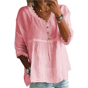 image:imageGORGLITTER Womens Lace 34 Sleeve Flowy Tunic Tops Dressy Loose Fit V Neck Eyelet Babydoll Peplum Top Peasant BlousePink