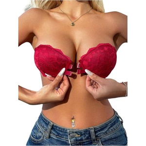 image:imageGORGLITTER Womens Lace Strapless Bra Front Closure Push Up Bandeau Underwire BralettesRed Floral