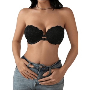 image:imageGORGLITTER Womens Lace Strapless Bra Front Closure Push Up Bandeau Underwire BralettesSolid Black