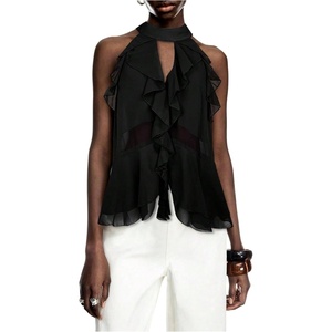 image:imageGORGLITTER Womens Mesh Halter Flowy Tank Tops Ruffle Chiffon Cut Out Brunch Dinner Keyhole Crop Tops Going Out OutfitsBlack