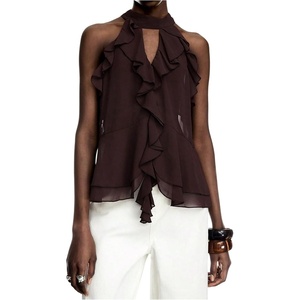 image:imageGORGLITTER Womens Mesh Halter Flowy Tank Tops Ruffle Chiffon Cut Out Brunch Dinner Keyhole Crop Tops Going Out OutfitsCoffee Brown