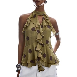 image:imageGORGLITTER Womens Mesh Halter Flowy Tank Tops Ruffle Chiffon Cut Out Brunch Dinner Keyhole Crop Tops Going Out OutfitsGreen