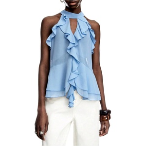 image:imageGORGLITTER Womens Mesh Halter Flowy Tank Tops Ruffle Chiffon Cut Out Brunch Dinner Keyhole Crop Tops Going Out OutfitsLight Blue