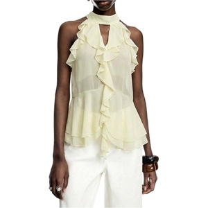 image:imageGORGLITTER Womens Mesh Halter Flowy Tank Tops Ruffle Chiffon Cut Out Brunch Dinner Keyhole Crop Tops Going Out OutfitsLight Yellow