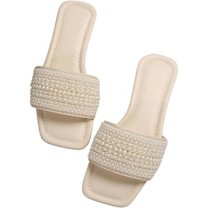 image:imageGORGLITTER Womens Pearl Sandals Rhinestone Sparkly Flat Sandal Wedding Dressy Scattered Sequin Open Toe Slide ShoesBeige Pearl