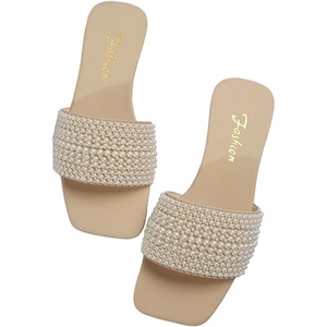 image:imageGORGLITTER Womens Pearl Sandals Rhinestone Sparkly Flat Sandal Wedding Dressy Scattered Sequin Open Toe Slide ShoesBeige Pearls