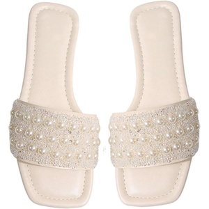 image:imageGORGLITTER Womens Pearl Sandals Rhinestone Sparkly Flat Sandal Wedding Dressy Scattered Sequin Open Toe Slide ShoesBeige Sequin